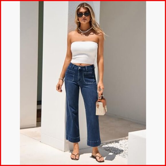 High Waisted Wide Leg Cropped Jeans Stretchy Flare Denim Pants - Picture 4 of 7